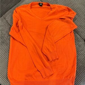 H&M Men's Bright Orange V-Neck Sweater, Large